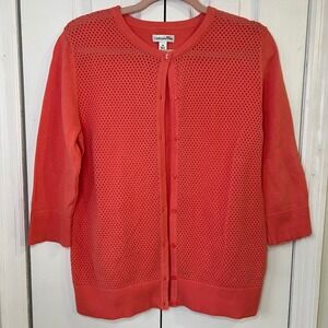 Croft & Barrow Sweater Womens M Coral button up 3/4 in Sleeve Open Knit Cardigan